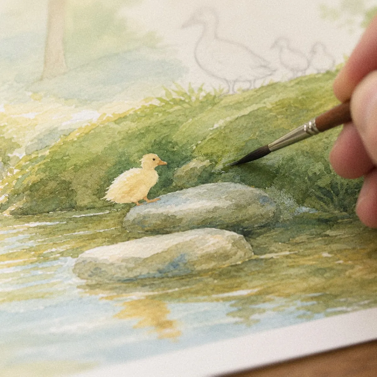 L’illustration d’un caneton au bord d’un ruisseau, mise en couleur au pinceau